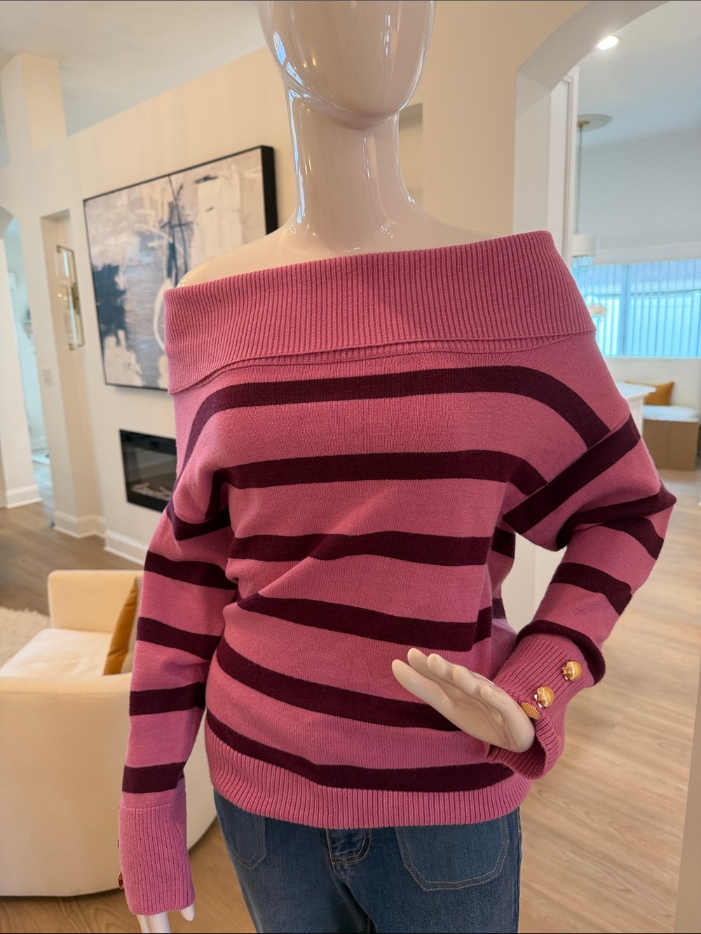 Women's Pink Striped Off-the-Shoulder Sweater with Button Cuff
